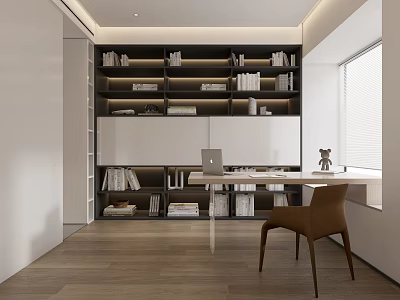 Modern Study Room Interior With Built in Bookshelves Desk And Chair 3d model