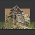 Cartoon Scene Featuring Tree Stump Base With Small House Two Little Mice and Mushrooms