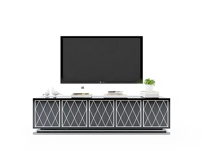 Modern TV Stand With Geometric Pattern Cabinet Doors And Books Potted Plant For Living Room 3d model