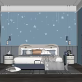 Cozy Kids Room Interior With Starry Wallpaper Bed Storage Cabinets And Rug