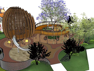 Fun Kids Play Area With Wooden Spherical Structure Slide Sandpit And Jacaranda Trees 3d model