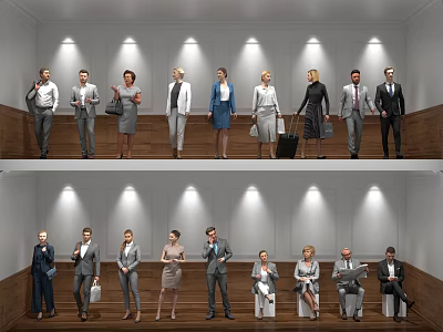 Multiple Business Professionals Standing And Seated In Indoor Office With Wooden Walls And Lighting 3d model