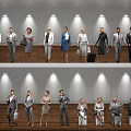 Multiple Business Professionals Standing And Seated In Indoor Office With Wooden Walls And Lighting