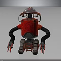 Red Robot Machinery With Tracked Base Black Mechanical Arms Transparent Dome And Hexagonal Logo