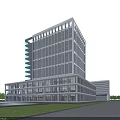 Modern Office Building With Glass Curtain Walls Green Lawn Trees And Blue Sky