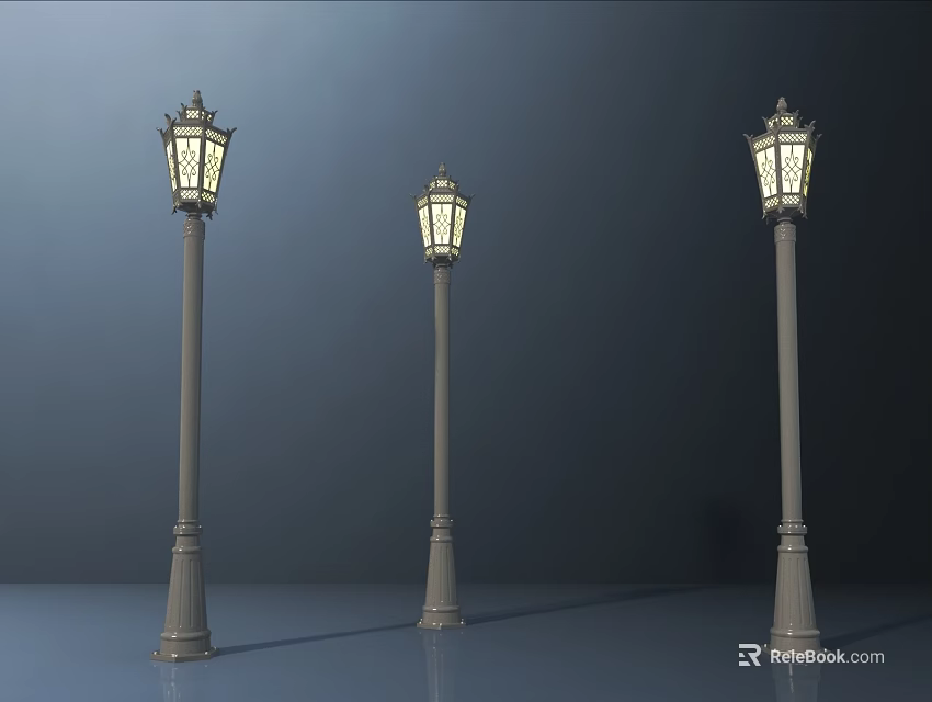 Classical Outdoor Street Lights With Illuminated Lamps And Decorative Metal Poles 3d model 