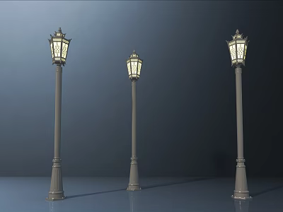 Classical Outdoor Street Lights With Illuminated Lamps And Decorative Metal Poles 3d model