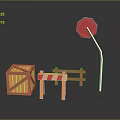 Wooden Crate and Striped Barricade with Red Octagonal Sign Decor Items