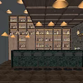 Stylish Bar Interior With Shelves Of Bottles Green Counter Stools Stone Wall And Neon Sign
