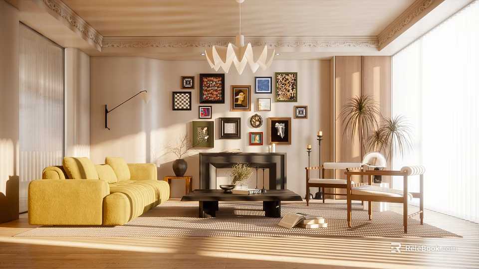 Warm Living Room Interior With Yellow Sofa Framed Pictures Fireplace Chandelier And Plants 3d model 