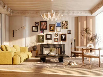 Warm Living Room Interior With Yellow Sofa Framed Pictures Fireplace Chandelier And Plants 3d model
