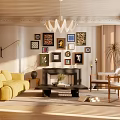 Warm Living Room Interior With Yellow Sofa Framed Pictures Fireplace Chandelier And Plants