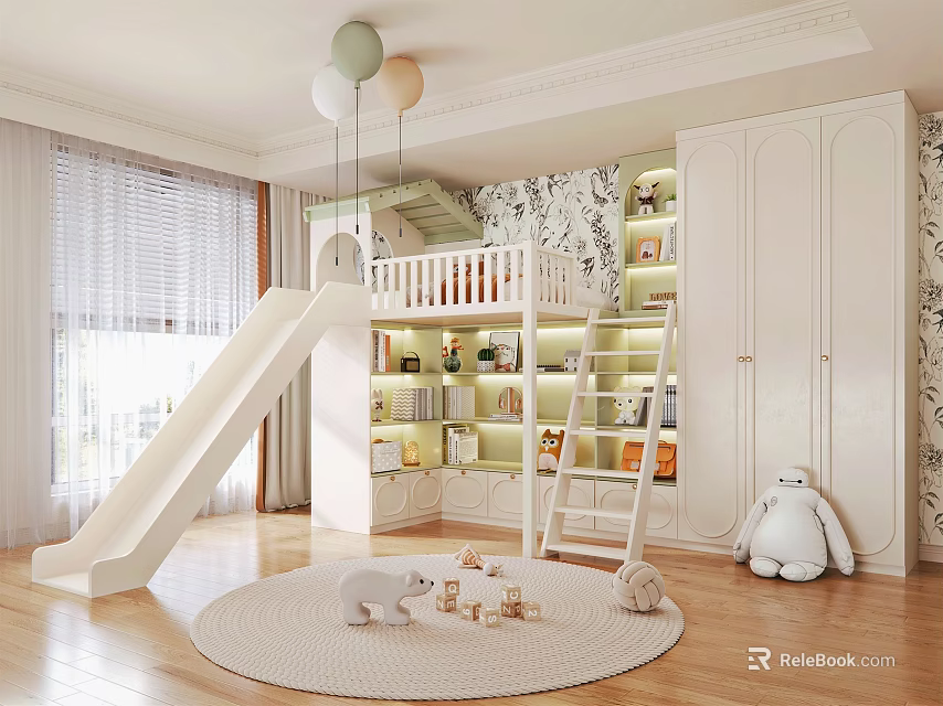 Kids Bunk Bed with Slide Built in Bookshelves Storage Cabinets Stuffed Toys and Building Blocks 3d model 