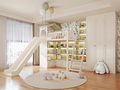 Kids Bunk Bed with Slide Built in Bookshelves Storage Cabinets Stuffed Toys and Building Blocks 3d model