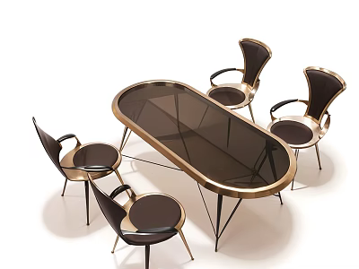 Modern Dining Table Set With Oval Glass Top Gold Frame And Black Armrest Chairs 3d model