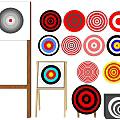 Sports Equipment With Various Colorful Circular Targets And Wooden Target Stands