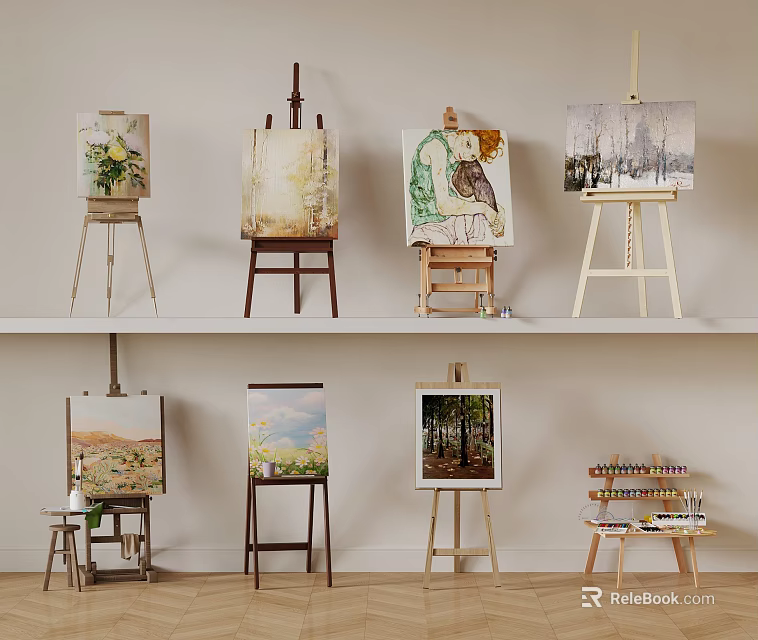 Art Studio Display Featuring Multiple Easels Various Paintings And Art Supplies 3d model