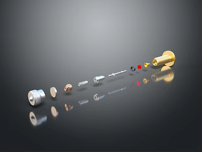 Shiny Metallic Parts Featuring Silver Gold And Red Elements On Black Reflective Background 3d model