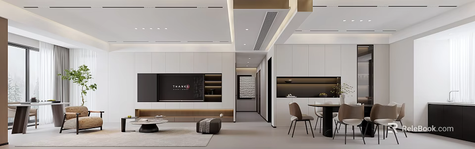 Modern Minimalist Living Dining Room Interior With Sofa Dining Table And Wall Lighting 3d model