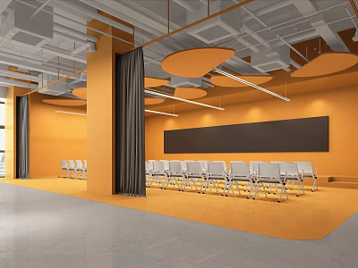 Modern Conference Room With Orange Walls White Chairs Dark Curtains And Black Screen 3d model