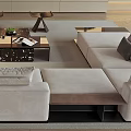 Modern Minimalist Living Room Sofa Coffee Table Set With Light Colored Cushions Floor Lamp And Bookshelves
