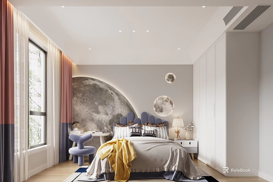 Modern Kids Room Interior Design With Moon Decor Blue Headboard And Curtains 3d model 