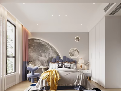 Modern Kids Room Interior Design With Moon Decor Blue Headboard And Curtains 3d model