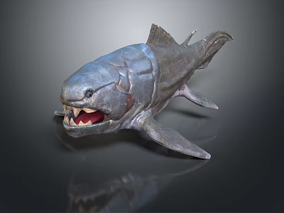 Fierce Metallic Gray Fish Shaped Game Movie Character With Sharp Teeth Open Mouth 3d model