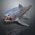 Fierce Metallic Gray Fish Shaped Game Movie Character With Sharp Teeth Open Mouth