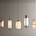 Five Modern Pendant Lights With Various Designs Illuminated On Grey Wall 3d model