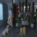 Fashion Retail Display Space With Mannequins Dresses Hats Plants Dog Shopping Bags And Shoes
