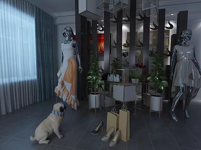 Fashion Retail Display Space With Mannequins Dresses Hats Plants Dog Shopping Bags And Shoes 3d model