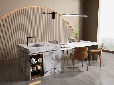 Modern Dining Table Set With Marble Island Brown Chairs Hanging Light And Curved Wooden Wall 3d model