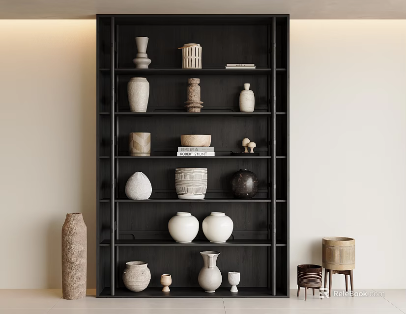 Handcrafted Ceramic Vases Bowls and Urns on Black Wooden Shelf with Small Stools 3d model 
