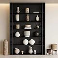 Handcrafted Ceramic Vases Bowls and Urns on Black Wooden Shelf with Small Stools
