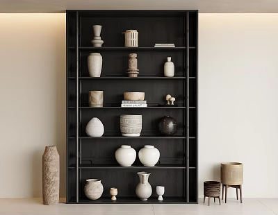 Handcrafted Ceramic Vases Bowls and Urns on Black Wooden Shelf with Small Stools 3d model