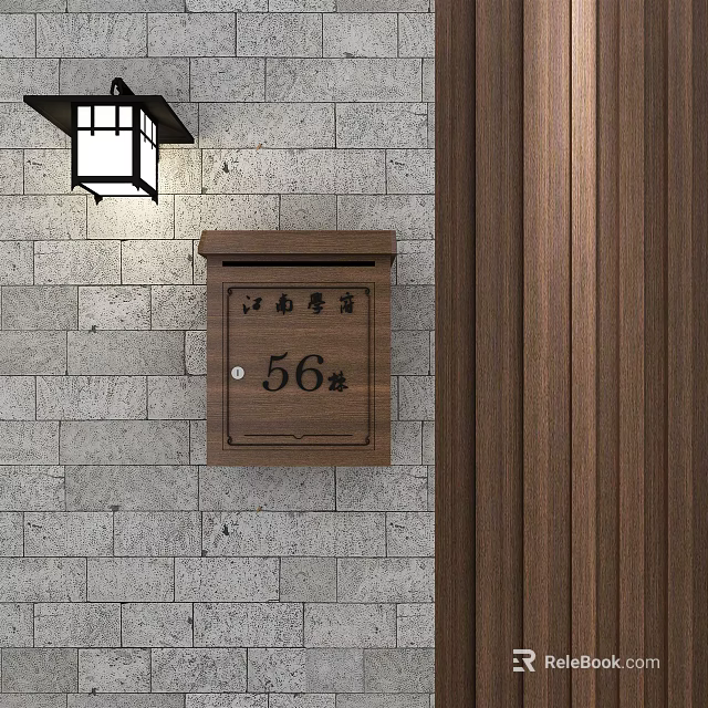 Public Facility Classic Wooden Mailbox Mounted On Stone Wall With Wall Lamp At No 56 3d model 