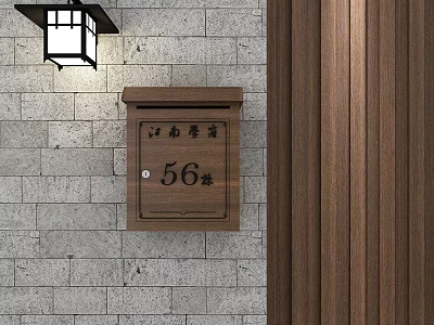 Public Facility Classic Wooden Mailbox Mounted On Stone Wall With Wall Lamp At No 56 3d model