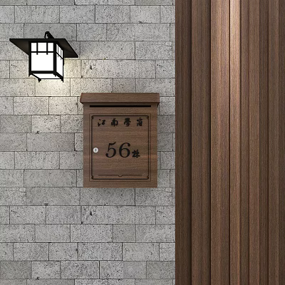Public Facility Classic Wooden Mailbox Mounted On Stone Wall With Wall Lamp At No 56 3d model