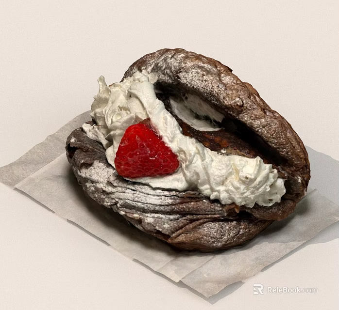 Delicious Chocolate Pastry Filled With Whipped Cream And Fresh Strawberry 3d model 