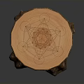 Natural Wooden Table with Circular Top Geometric Pattern and Tree Stump Base 3d model
