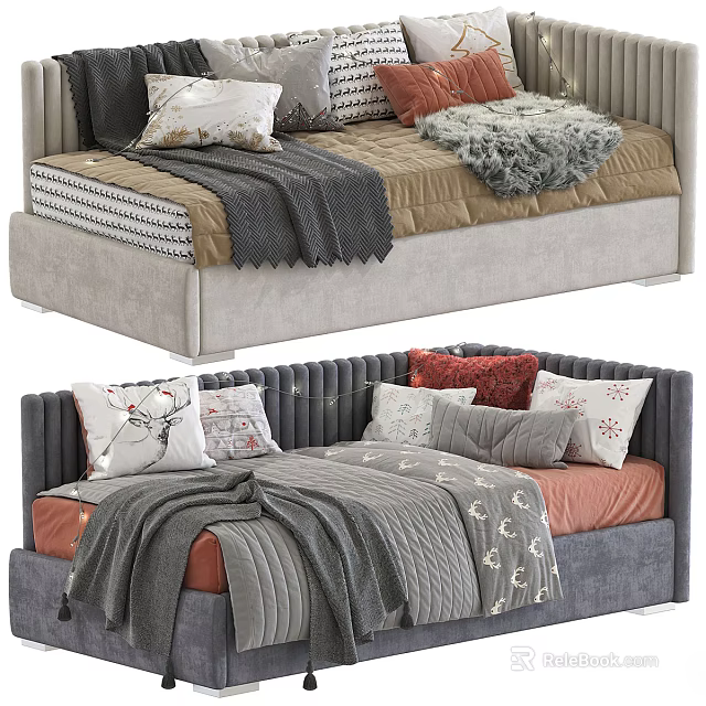Elegant Upholstered Beds With Colorful Decorative Pillows Soft Blankets And Striped Mattress 3d model 