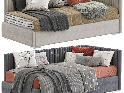 Elegant Upholstered Beds With Colorful Decorative Pillows Soft Blankets And Striped Mattress 3d model