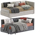 Elegant Upholstered Beds With Colorful Decorative Pillows Soft Blankets And Striped Mattress
