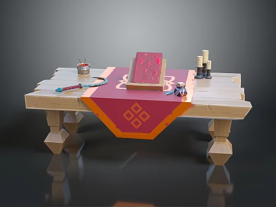 Wooden Workbench Setup with Red Cloth Tools Candles Keys and Crafting Board with Red Patterns 3d model