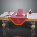 Wooden Workbench Setup with Red Cloth Tools Candles Keys and Crafting Board with Red Patterns