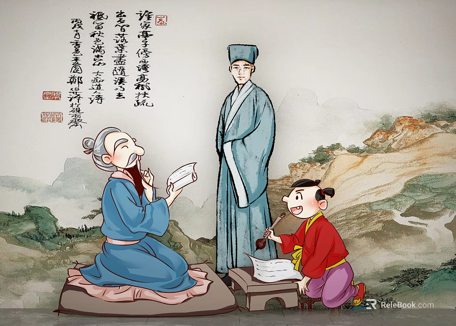 Traditional Chinese Figure Painting Depicting Elderly Man Kneeling Standing Scholar Child Writing Calligraphy And Landscape 3d model 