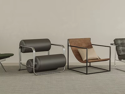 Modern Single Chairs With Metal Frame Cylindrical Design Brown Beige Cushion On Gray Carpet 3d model