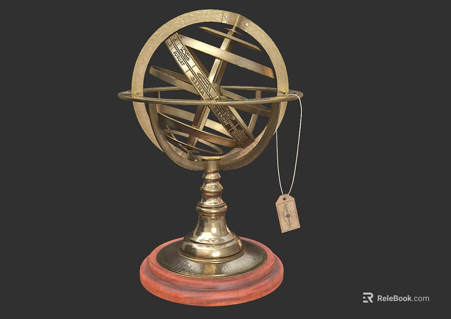 Vintage Brass Armillary Sphere With Intricate Metal Structure And Red Wooden Base 3d model 