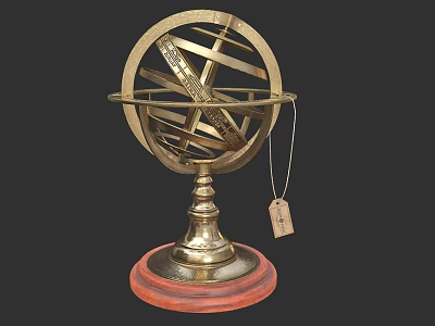 Vintage Brass Armillary Sphere With Intricate Metal Structure And Red Wooden Base 3d model